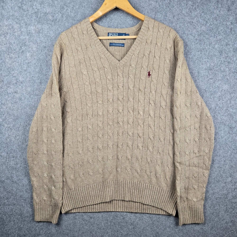Polo Ralph Lauren Sweater Mens Large Tan Tussah Silk Cable Knit V-Neck Pony Logo